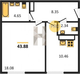 Однокомнатная квартира 43.88 м²