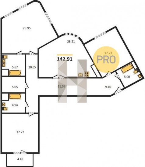 Трёхкомнатная квартира 142.91 м²