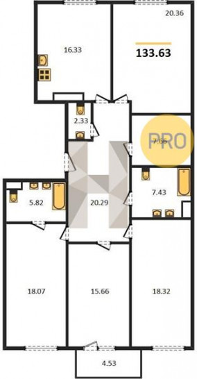 Четырёхкомнатная квартира 133.63 м²
