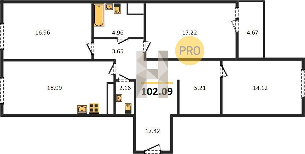 Трёхкомнатная квартира 102.09 м²