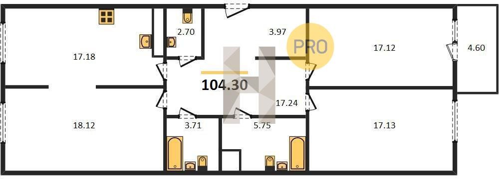 Трёхкомнатная квартира 104.3 м²