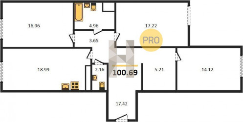 Трёхкомнатная квартира 100.69 м²