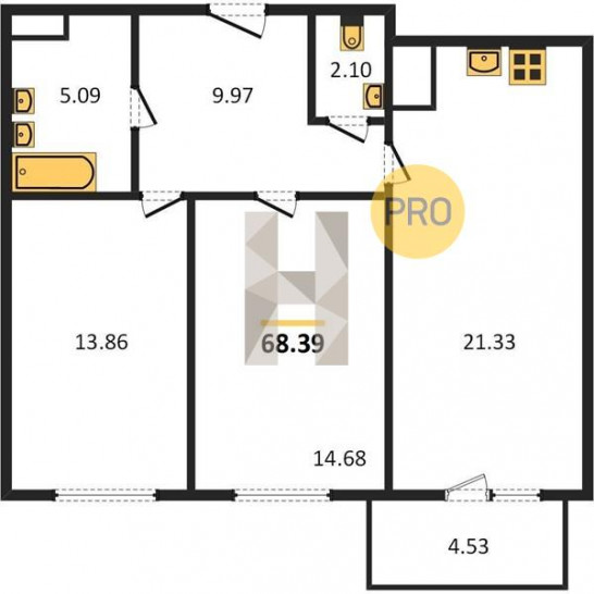 Двухкомнатная квартира 68.39 м²