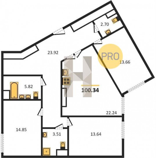Трёхкомнатная квартира 100.34 м²
