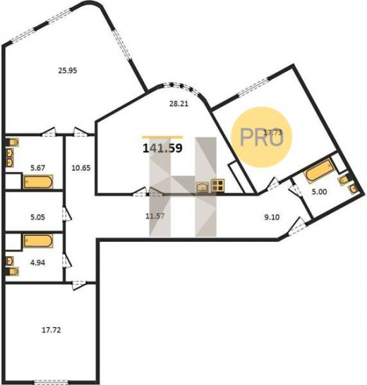 Трёхкомнатная квартира 141.59 м²