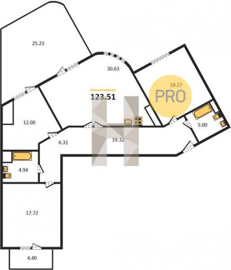 Трёхкомнатная квартира 123.51 м²