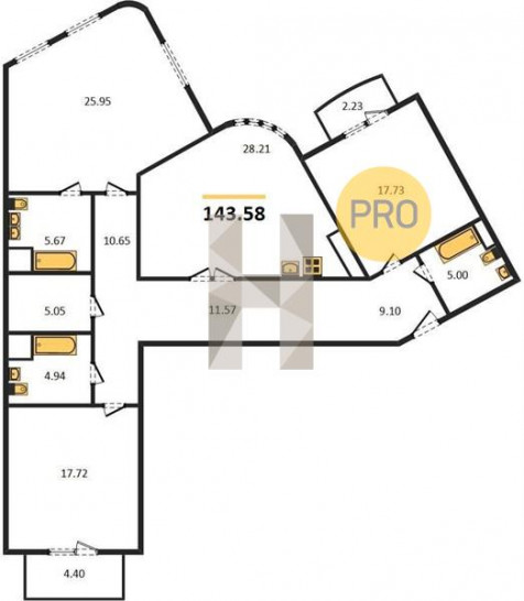 Трёхкомнатная квартира 143.58 м²