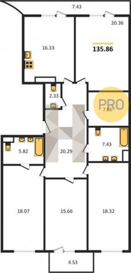 Четырёхкомнатная квартира 135.86 м²