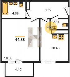 Однокомнатная квартира 44.88 м²
